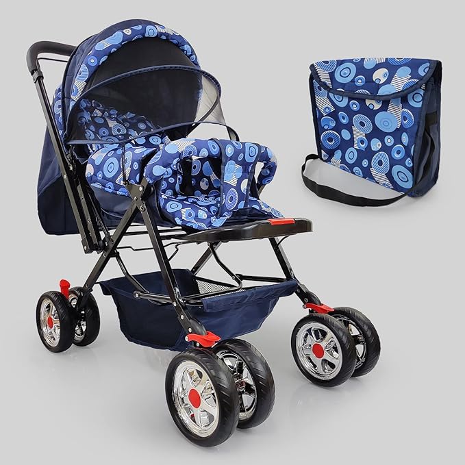 Baby Stroller/Pram for Kids, Infants, and Toddler, 3 Position Recline Safety Harness, Adjustable backrest, 360 degree Swivel Wheel, Large Storage Basket, Reversible Handlebar (0-3 Years, Blue)