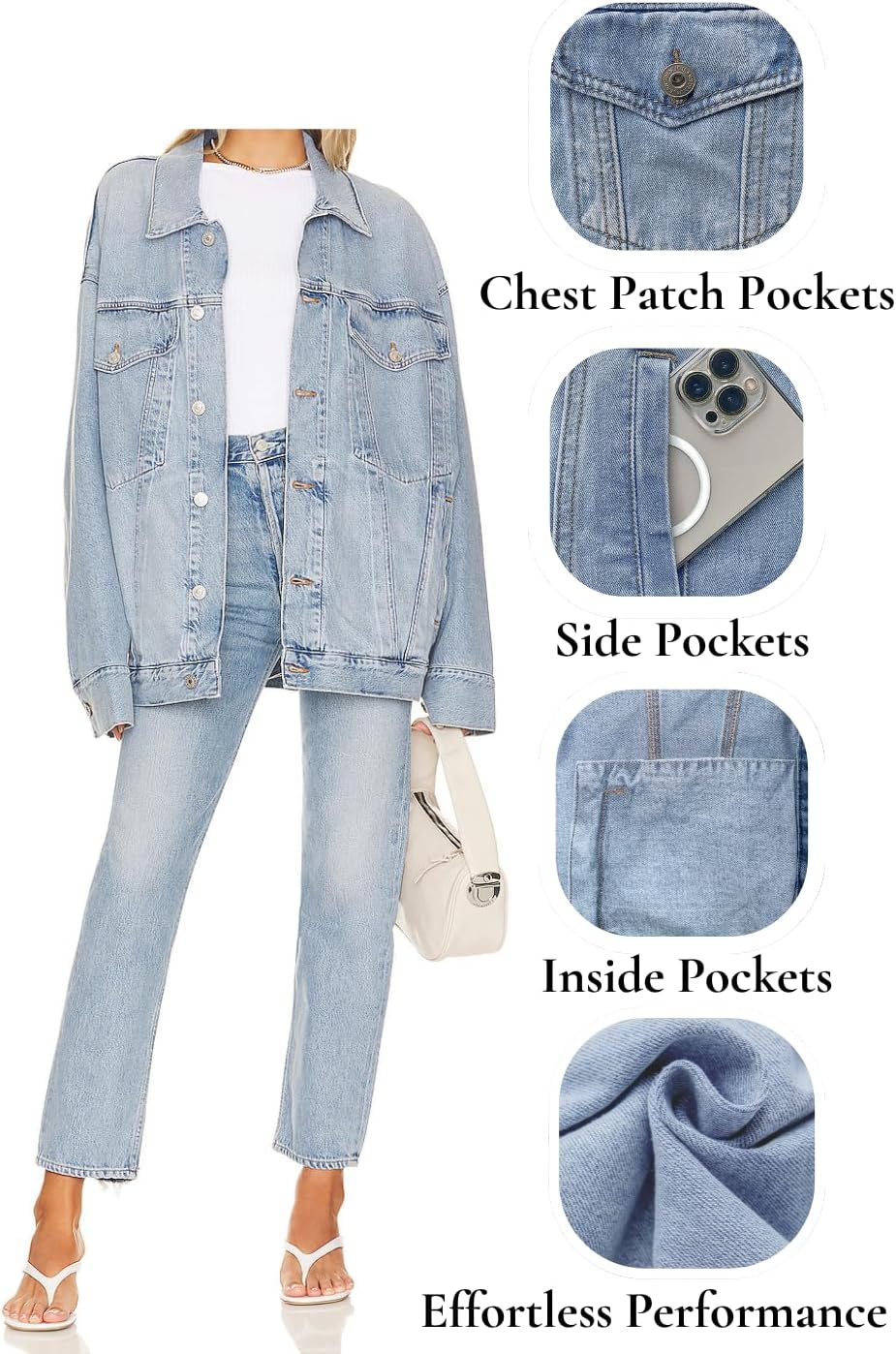 Tsher Women's Vintage Washed Oversized Boyfriend Jean Trucker Jacket Long Sleeve Loose Denim Coat for Casual Wear - Image 6