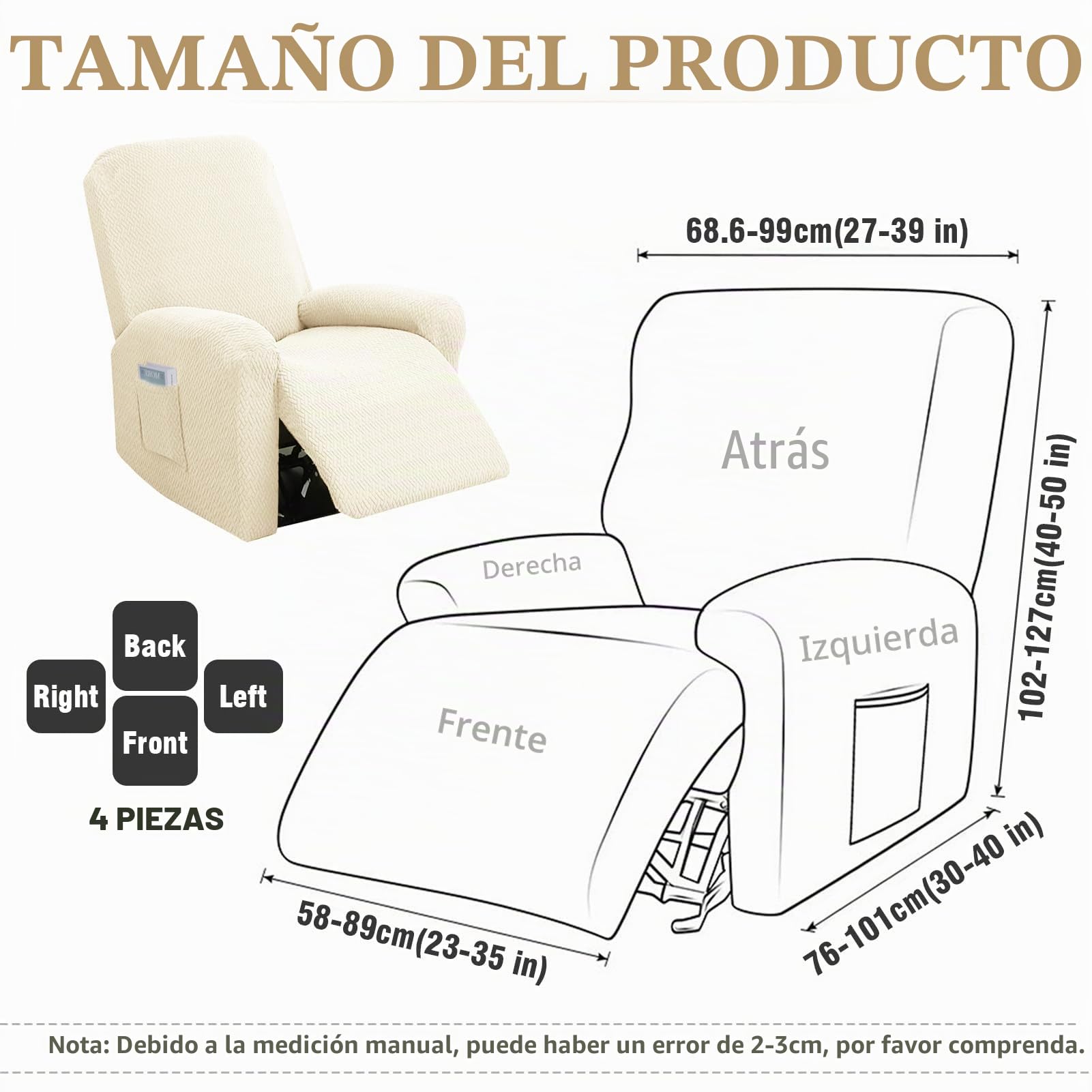 Funda para sillón de 4 Piezas, Funda elástica con Bolsillos para sillón Relax de 1 Plaza, Funda Protectora para sillones de televisión y sillones Relax, Antideslizante