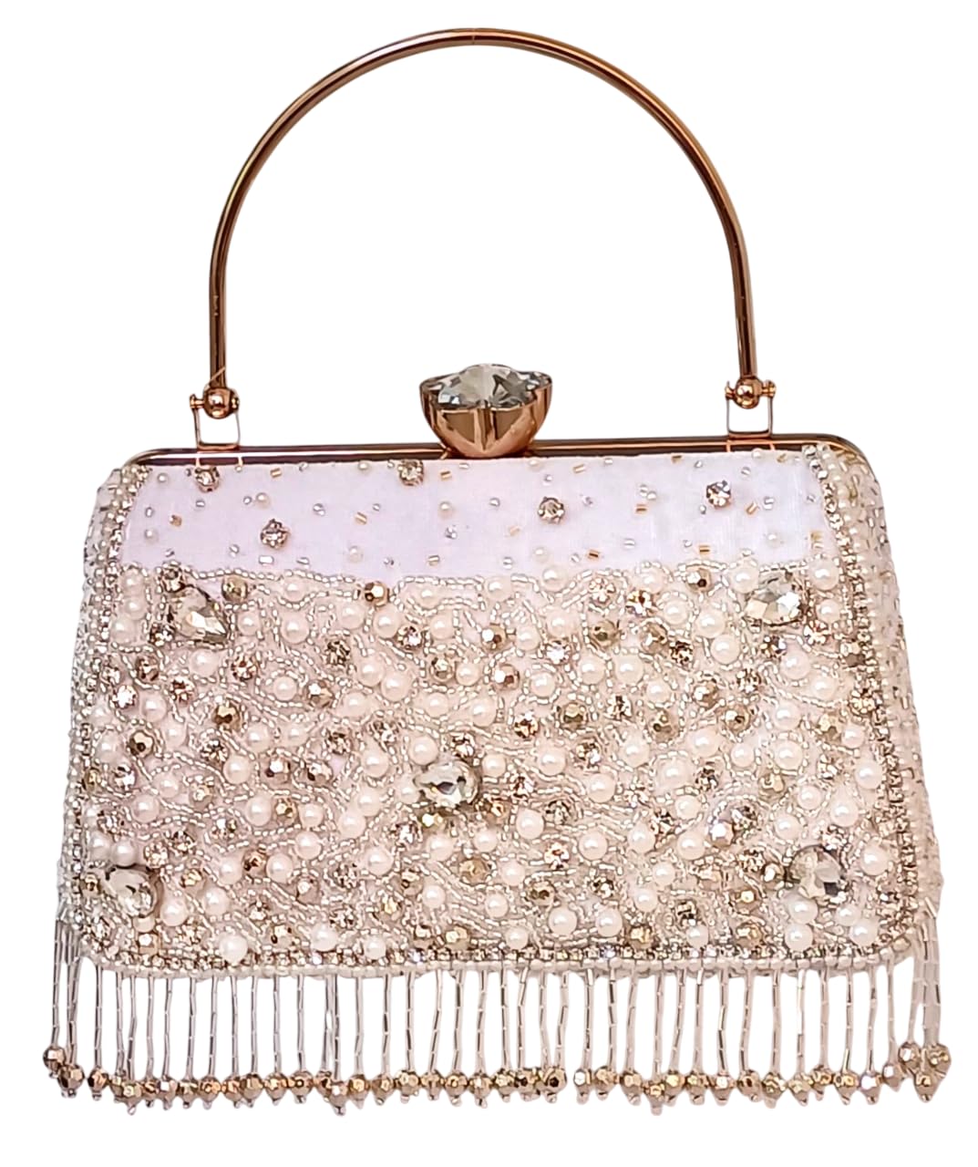 White Pearl Beaded Clutch for Women | Bridal Handbag with Golden Metal Handle & Fringe Detailing | Elegant Wedding & Party Purse for Ladies-image-6