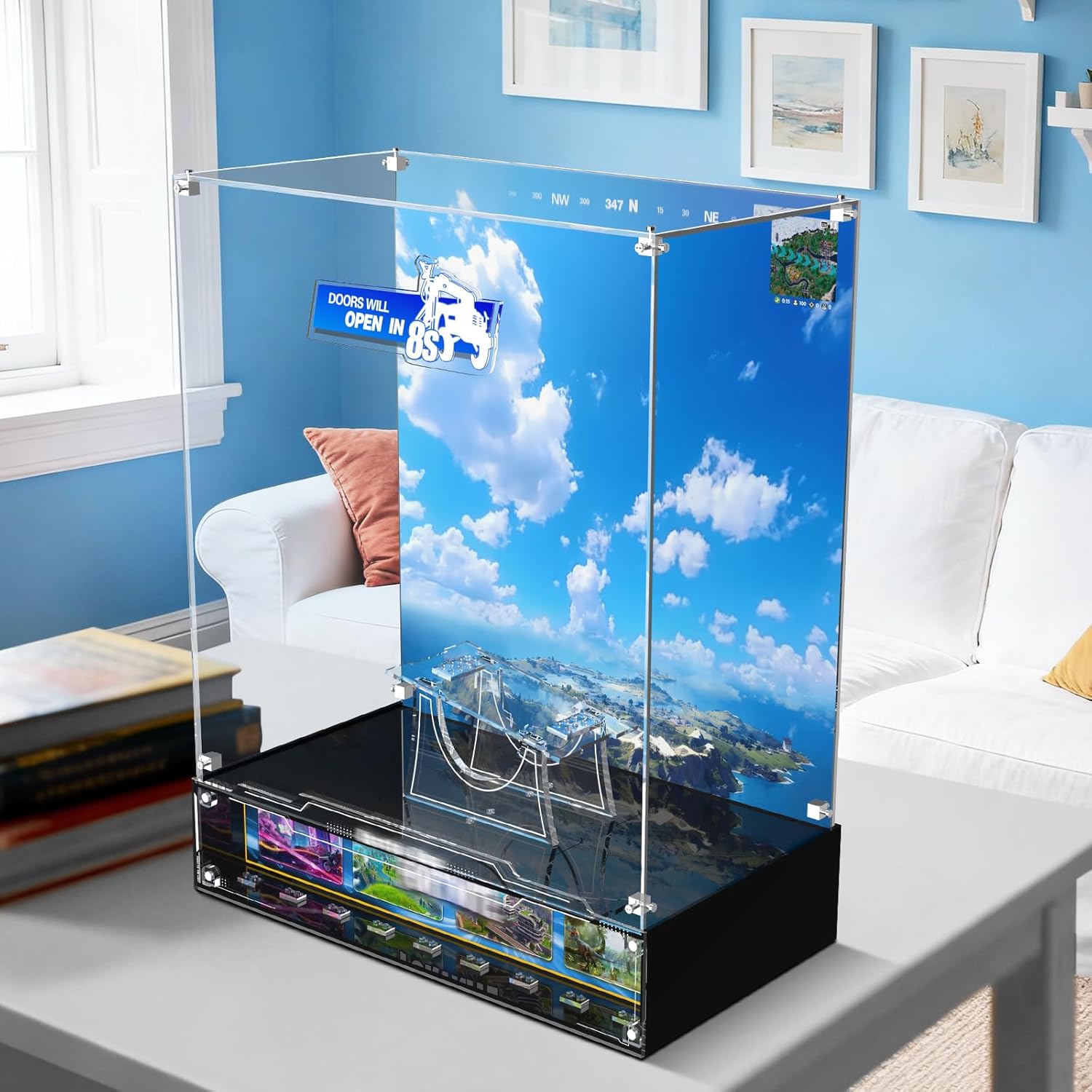 Acrylic Display Case Compatible with Lego 77073 Battle Bus - Fortnite Inspired Acrylic Showcase with Floating Stand, Magnetic Door, Printed Background & Minifigure Base - Dustproof, UV Protection