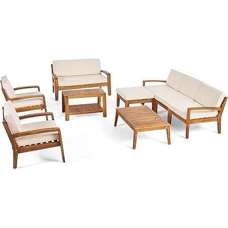 Great Deal Furniture Sally 7-Seater Sectional Sofa Set for Patio with Loveseat, Club Chairs, Ottoman, and Coffee Tables, Acacia Wood, Teak Finish with Beige Outdoor Cushions