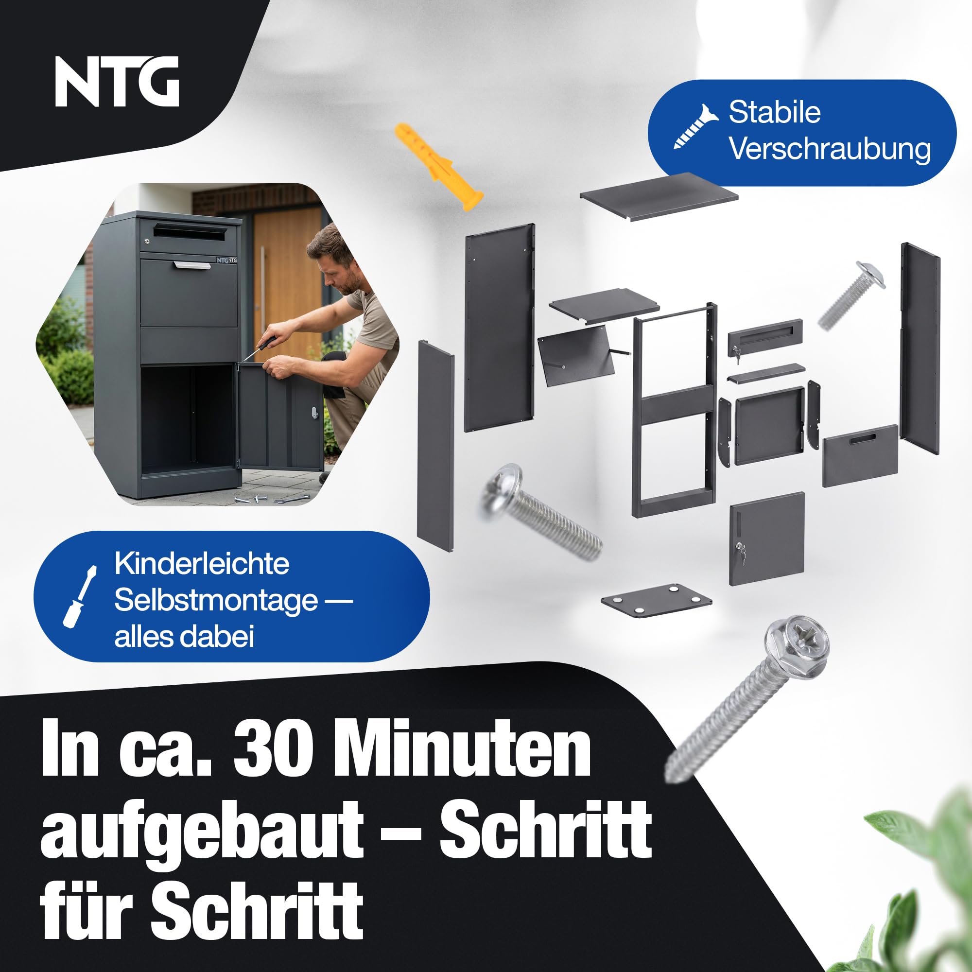 NTG Paketbox Draussen groß XXL – Wetterfest & Abschließbar – Paketbriefkasten XXL aus verzinktem Stahl – Standbriefkasten freistehend – Pakete bis 400x280x200mm – Inkl. 4 Schlüssel & Bodenmontage
