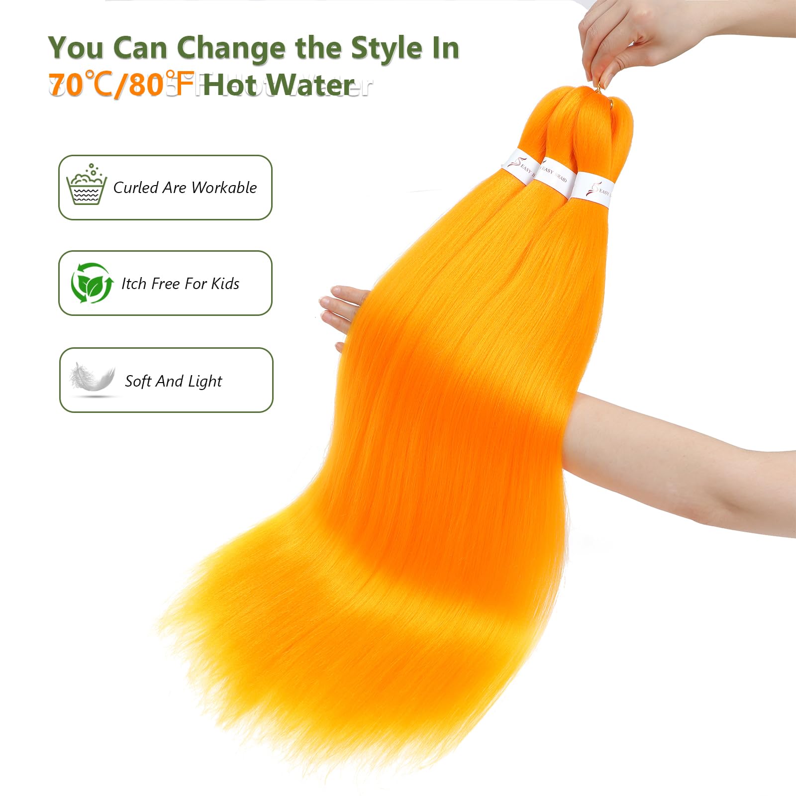 Orange Braiding Hair Pre Stretched 30 Inch 3 Packs Braiding Hair Extension Pre Stretched Braiding Hair Professional Synthetic Hair For Braiding Crochet Twist Braids Soft Yaki Texture(30",Orange-3P) - Image 3