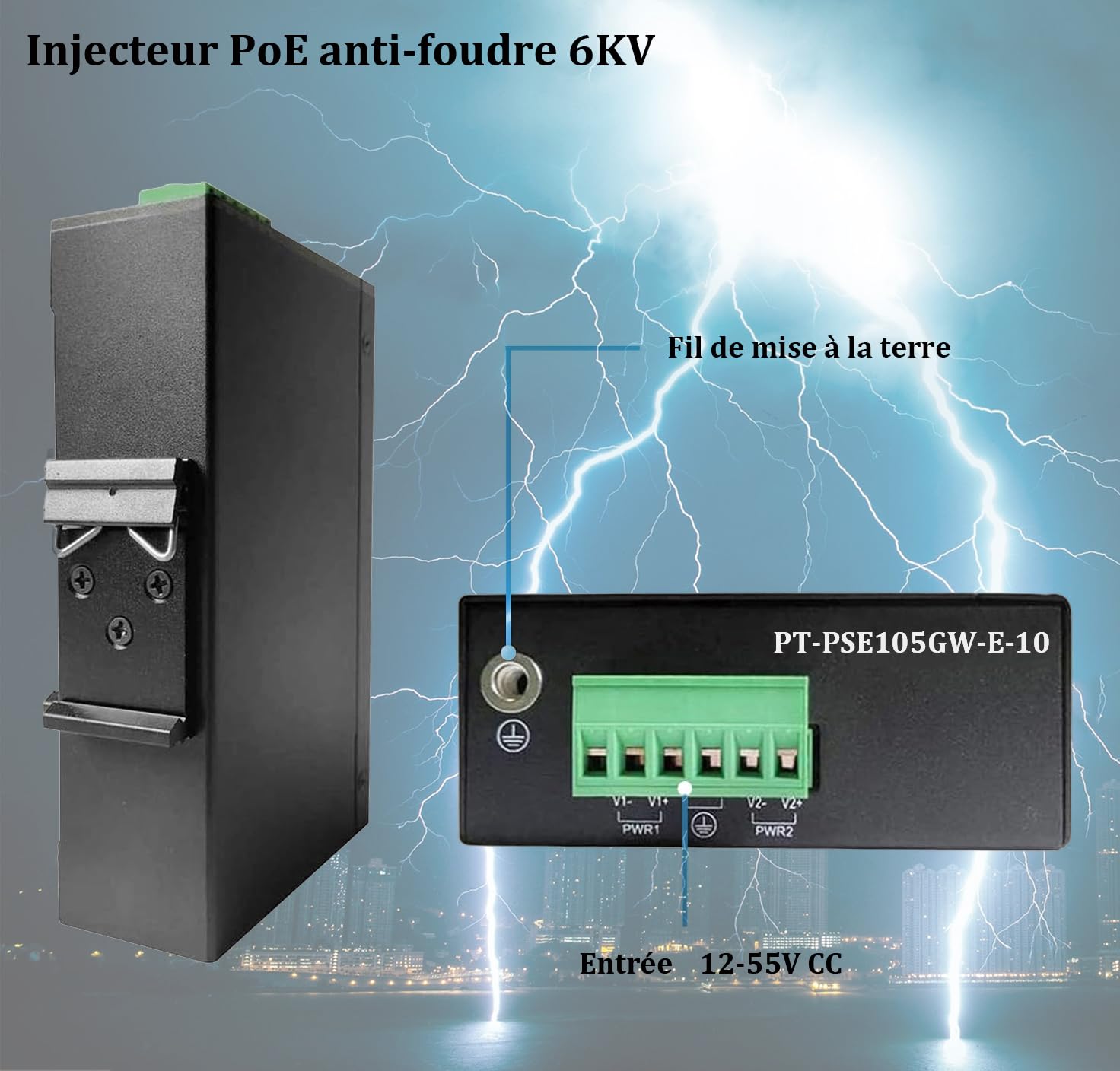 PROCET PoE Injecteur 10 Gigabit sur Rail DIN PoE++ jusqu'à 60W, 6KV PoE Protection Contre Les surtensions, Large températures -40 °C à 65 °C, pour PTZ Webcam, Point d'accès sans Fil, Station de Base