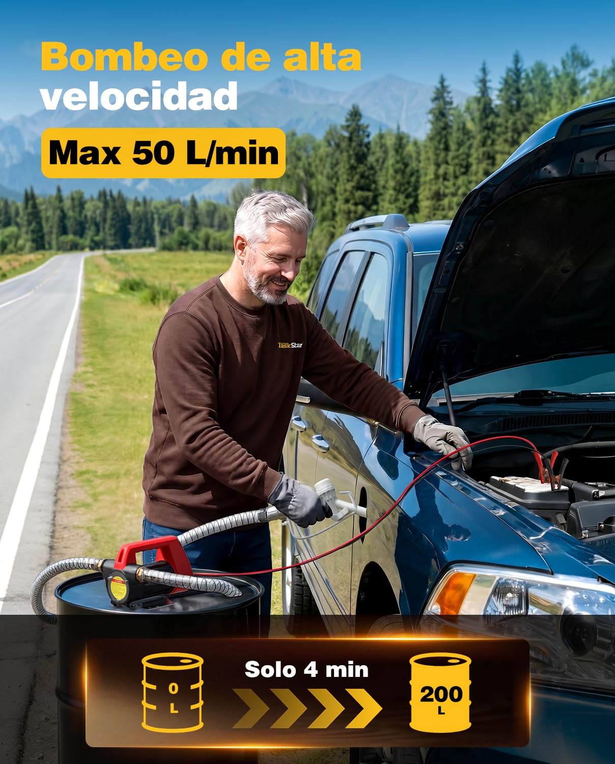 TaskStar Bomba Trasvase Gasoil 12V: Caudal 50 L/min, Eléctrica Bomba Portátil con Pistola, Filtro y Mangueras para Diésel, Biodiésel, Queroseno y Gasóleo – Para Casa, Granja y Obra
