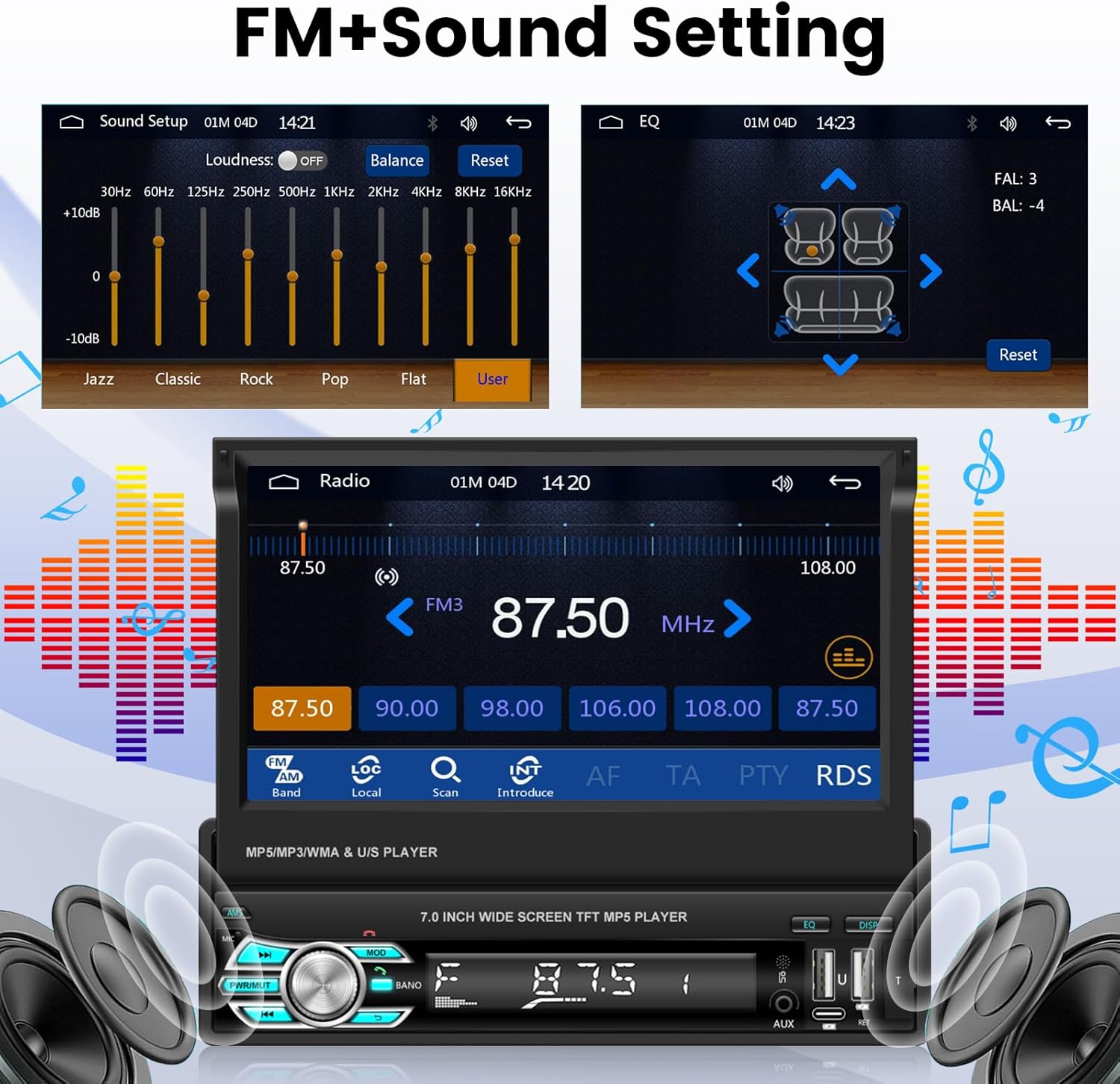 Single Din Car Radio with Bluetooth, Wireless Carplay ＆ Android Auto, 7 Inch Flip Out Screen Retractable Car Stereo Support FM/SWC/TF/USB/Type C/AXU Input+ Rear View Camera