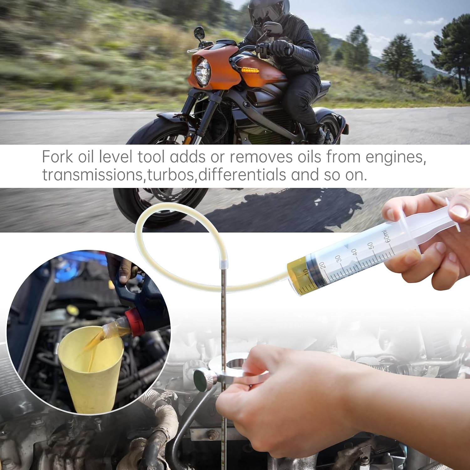 Windance Motorcycle Fork Suspension Oil Level Measurement Gauge Tool with Adjustable Ring, 60ml Front Fork Oil Syringe Tool