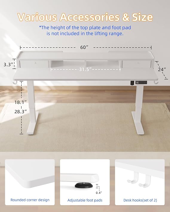 YIHAYO Low Height Adjustable Desk with Drawers, Lifts 18.1-28.3 Inches, Electric Standing Desk with Storage Shelf for Short People, 60 x 24 Inches Table with Splice Board for Home Office, White