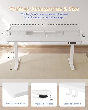 YIHAYO Low Height Adjustable Desk with Drawers, Lifts 18.1-28.3 Inches, Electric Standing Desk with Storage Shelf for Short People, 60 x 24 Inches Table with Splice Board for Home Office, White