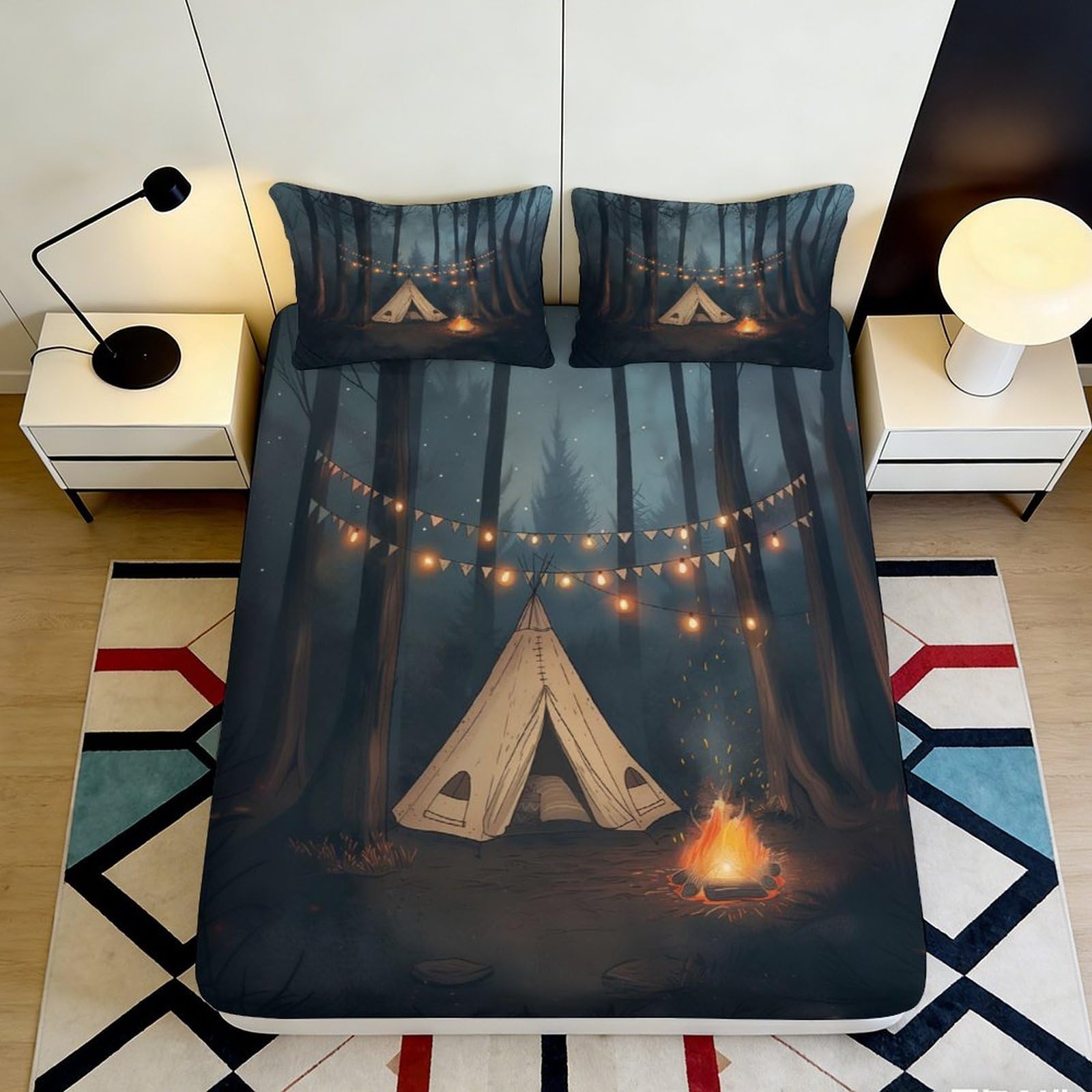 3D Printed Forest Camping Fitted Sheet Microfiber Soft Fire Tent Bed Cover for Bedroom Dorm Protective Decor 120x200cm 90x200x25cm