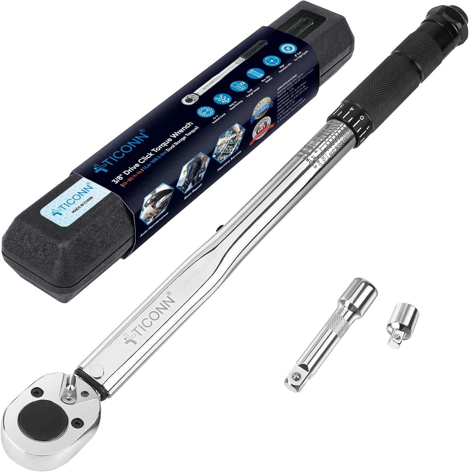 TICONN 3/8inch Drive Click Torque Wrench, 1080 ftlb, SAE/Metric Dual Range Engraved