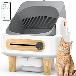 RPZ Automatic Cat Litter Box Self Cleaning Robot for Multiple Large Cats, Open Top, App Control, Ultra-Quiet, Durable, Wood Grain