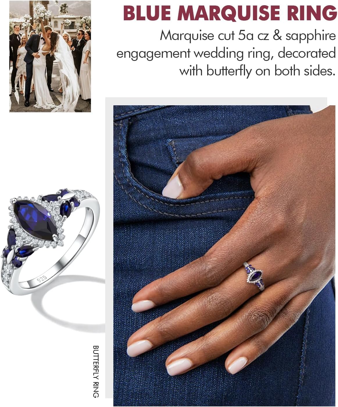 DAYBYDAY Birthstone Rings for Women, 925 Sterling Silver Marquise/Cushion Cut Sapphire/Emerald/Aquamarine Ring, Gemstone Engagement Promsie Rings for Her Size 6-10 - Image 2