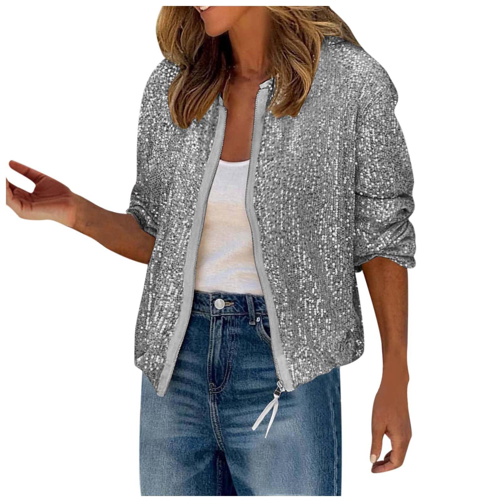 Chaqueta brillante para mujer, chaqueta bomber de lentejuelas, chaqueta ligera de invierno con cremallera, chaqueta de lentejuelas holgada, chaqueta de piloto, chaqueta holgada, sin capucha