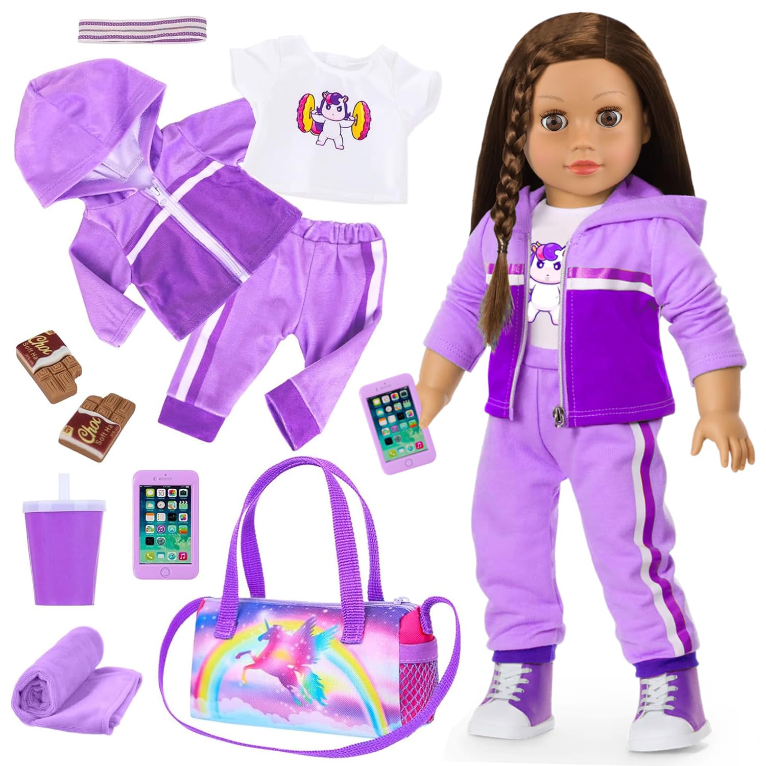 Ecore Fun 18 Inch Doll Clothes and Accessories- Sport Outfit Set, 10 Pcs Girl Doll Clothes Include Sweatshirt Suit, Sport Bag, Headbands ect- Fit