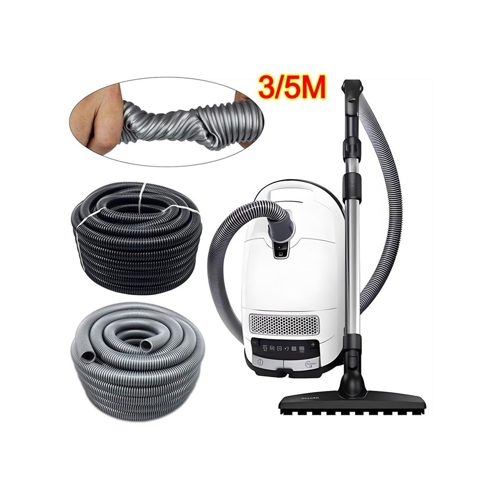 Tuyau d'aspirateur universel 3m/5m, diamètre intérieur 32mm, tuyau étendu fileté Flexible ondulé EVA(Grey-3m)