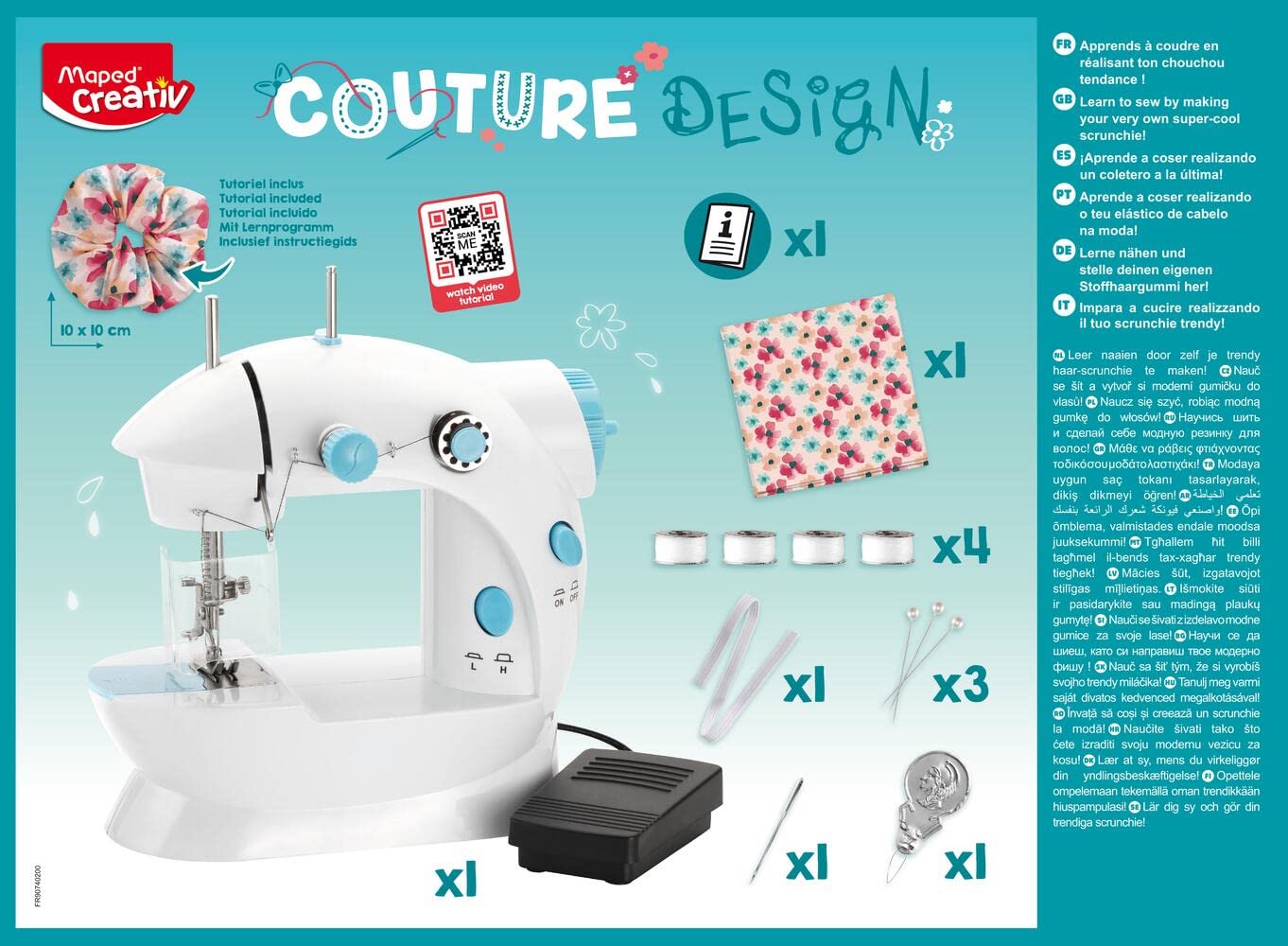 Maped Máquina de Coser Infantil Couture Design, Mini Máquina Portátil Segura para Niños desde 8 Años, Set Completo con Materiales para Crear Accesorios y Ropa, 380 x 280 x 125 mm