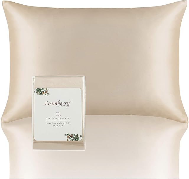 LOOMBERRY 22 Momme 100% Natural Pure Mulberry Silk Pillowcase for Hair and Skin (1 Piece) Both Sides 22 Momme Highest Grade 6A with Hidden Zipper Naturally Hypoallergenic (Beige, Standard 50x66CM)