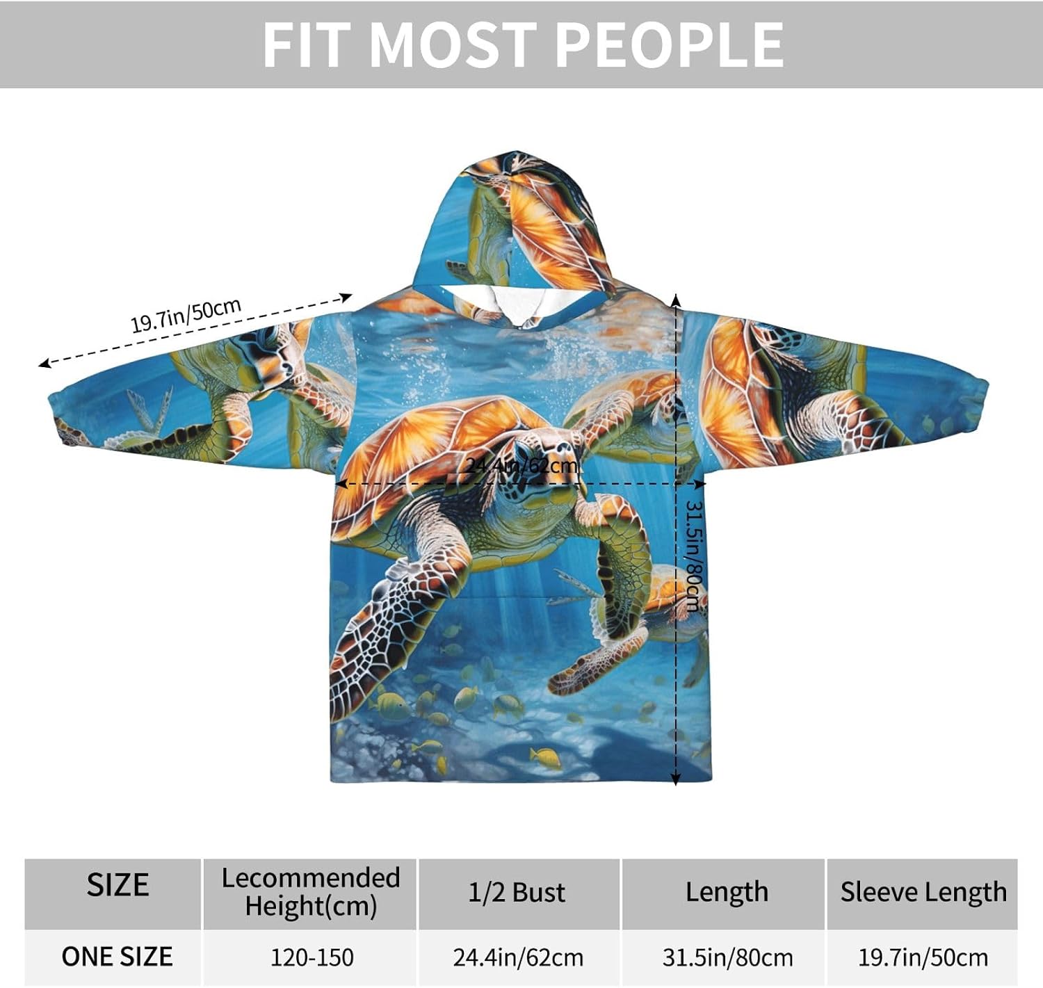 Sea Turtles Print Oversized Blanket Hoodie, Wearable Blanket Hooded,Hooded Pullover With Pocket