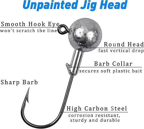 Miniatura 5 de Jig Heads - Anzuelos de pesca con cabezas de anzuelo sin pintar, cabeza de plantilla redonda afilada para lubina, trucha, lucioperca, pesca de agua