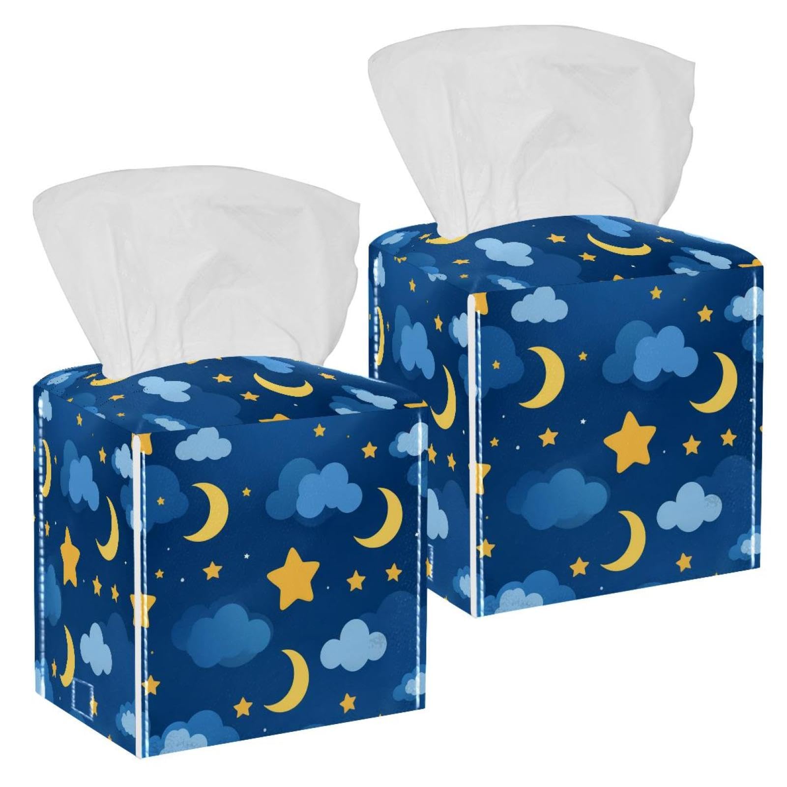 Stars and Moon Tissue Box Cover, 2 Pack PU Leather Square Facial Tissue Dispenser Box holder for Home Office Car