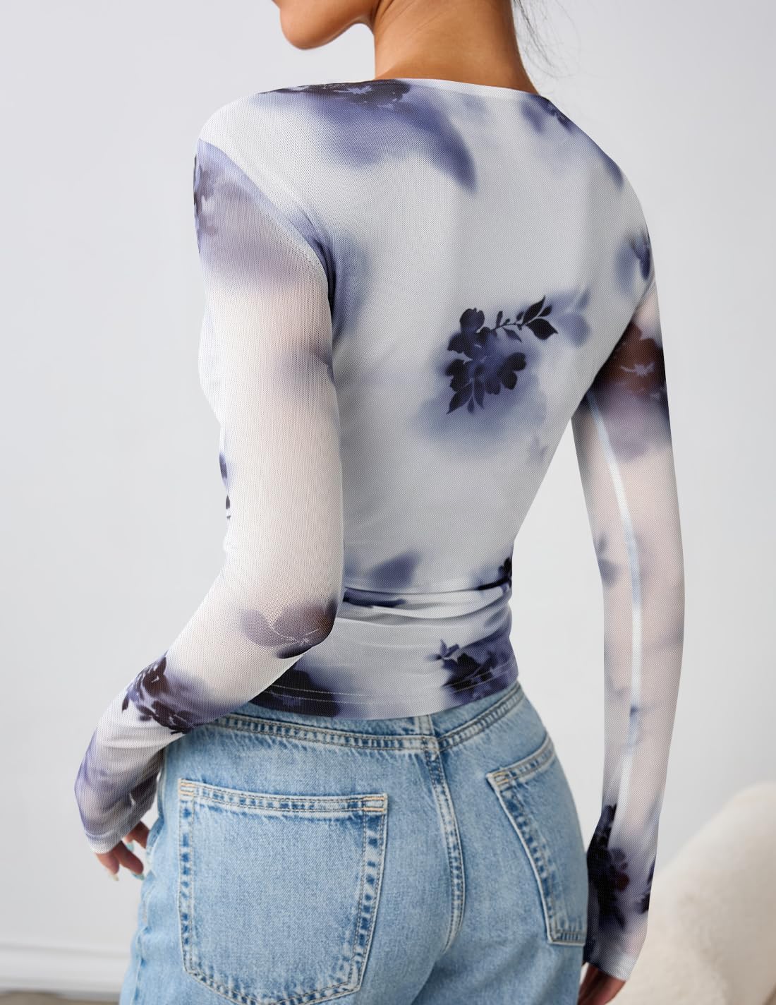 ZESICA Womens 2026 Spring Floral Mesh Going Out Tops Long Sleeve Crewneck Slim Fit Ruched Y2k Shirt Beach Vacation Outfit - Image 4