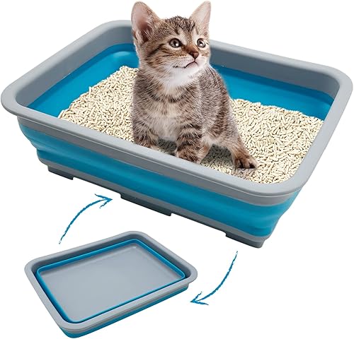 Fhiny Caja de arena abierta para gatos, bandeja para orinal para gatitos, semicerrada, plegable, impermeable, para viajes, entrada baja para gatos