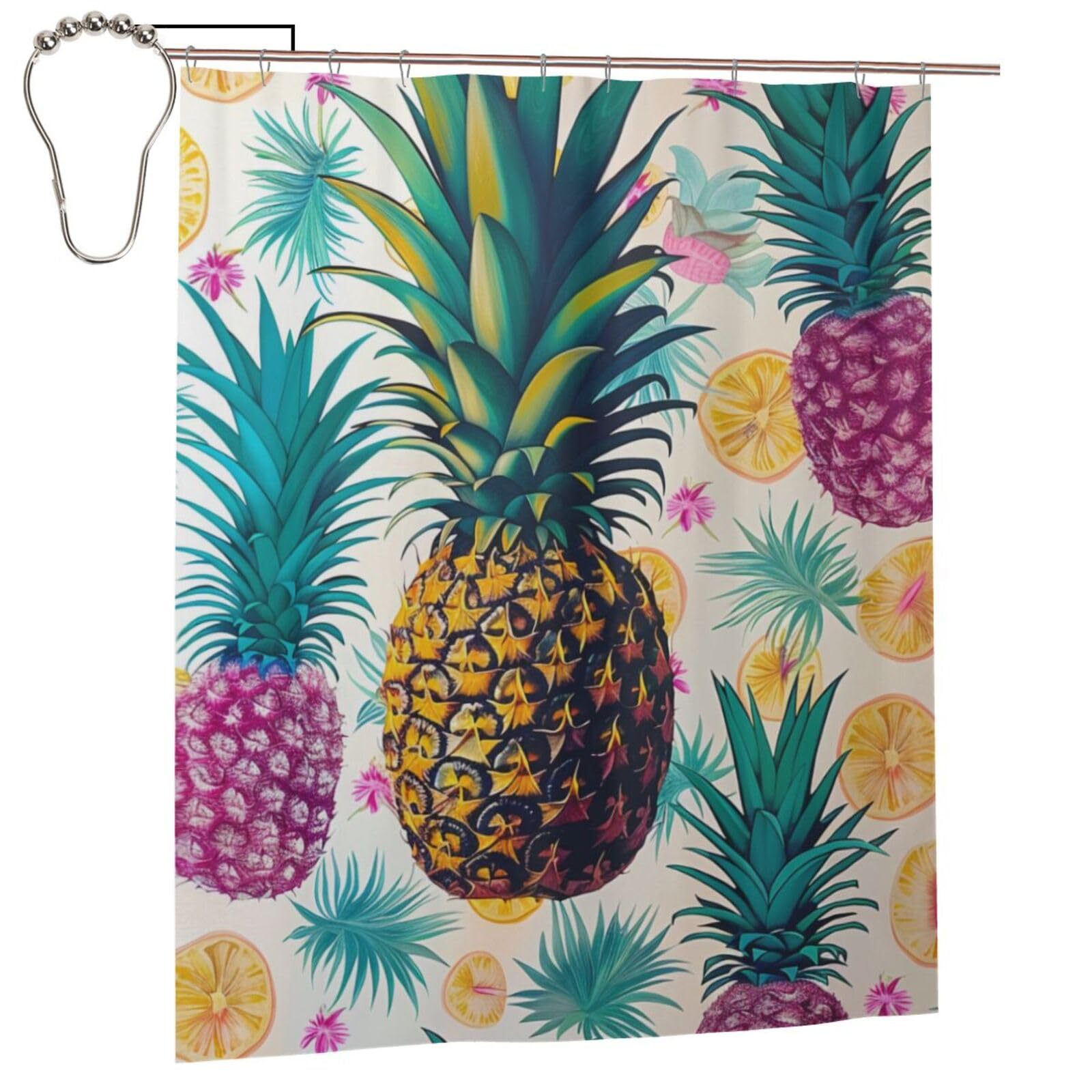 BWWHCCTI Tropical Pineapple Printed Shower Curtain With 12 Iron Hooks Opaque Quick Drying Waterproof Shower Curtains Sets For Bathroom 152x183 Cm