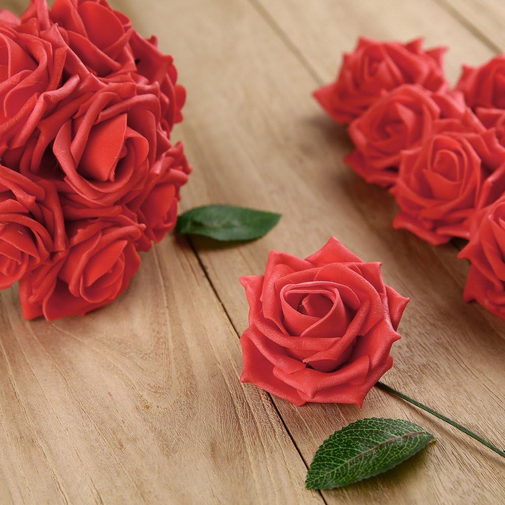 Febou Artificial Flowers, 50pcs Real Touch Artificial Foam Roses Decoration DIY for Wedding Bridesmaid Bridal Bouquets Centerpieces, Party Decoration, Home Display (Delicate Type, Red)
