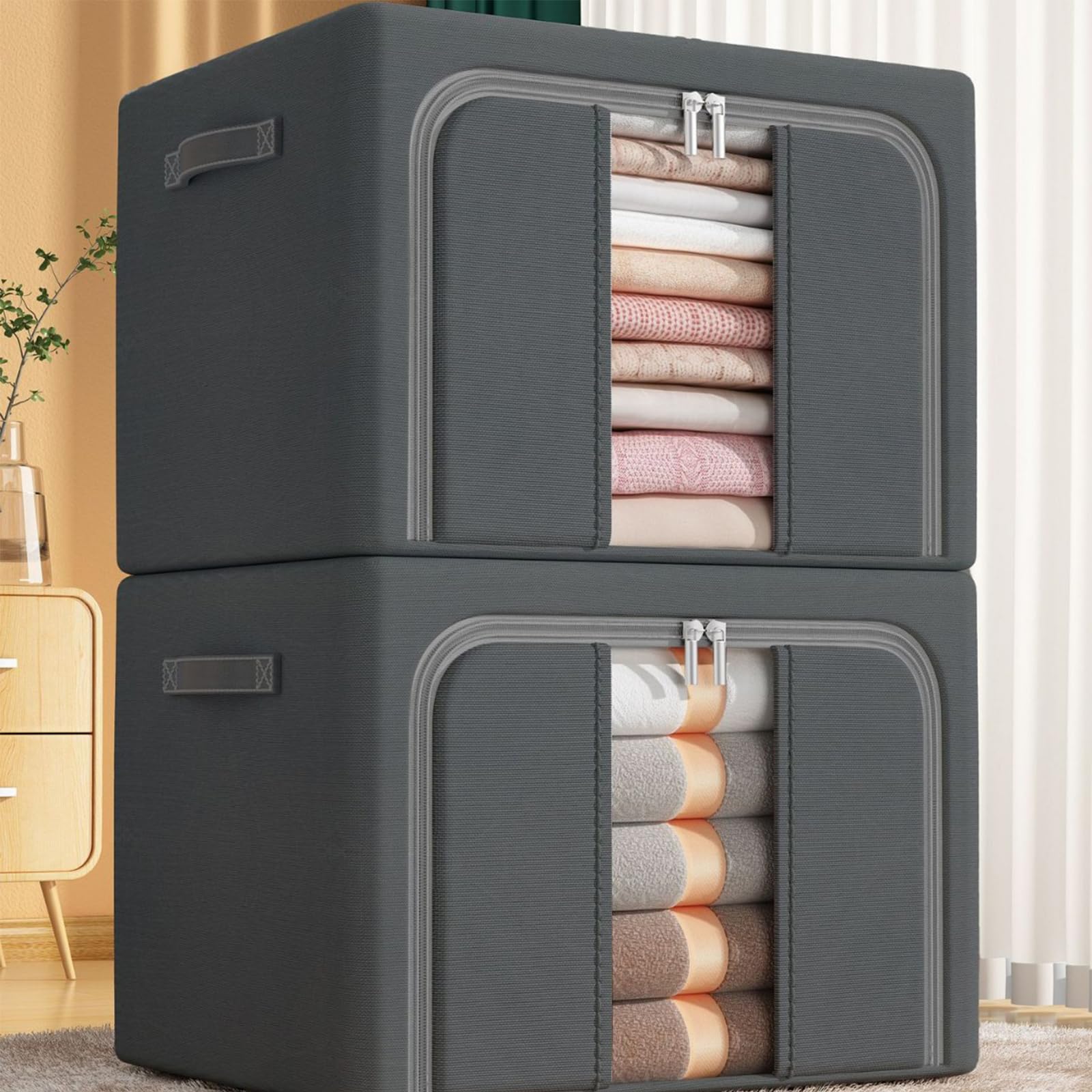 Aufbewahrungsbox mit großem Fassungsvermögen, faltbare Kleiderbox mit verbreitertem Griff, feuchtigkeitsbeständig und staubdicht, geeignet für Steppdecken, Decken, Bettwäsche (Einzelfenster Khaki, 66L