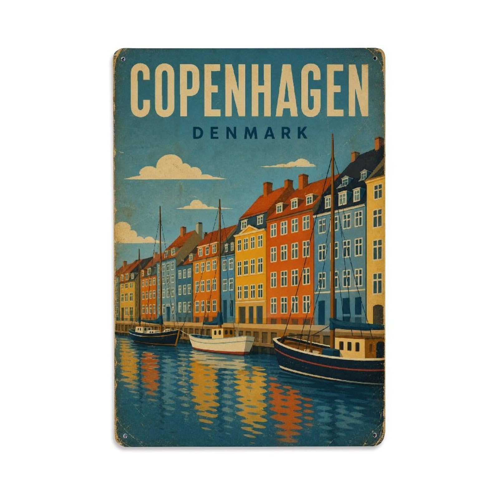 Travel Vintage Denmark Copenhagen Metal Tin Sign Plaque Wall Decor for Cafe, Club Bar, Office, Garden Metal Poster 8x12Inch