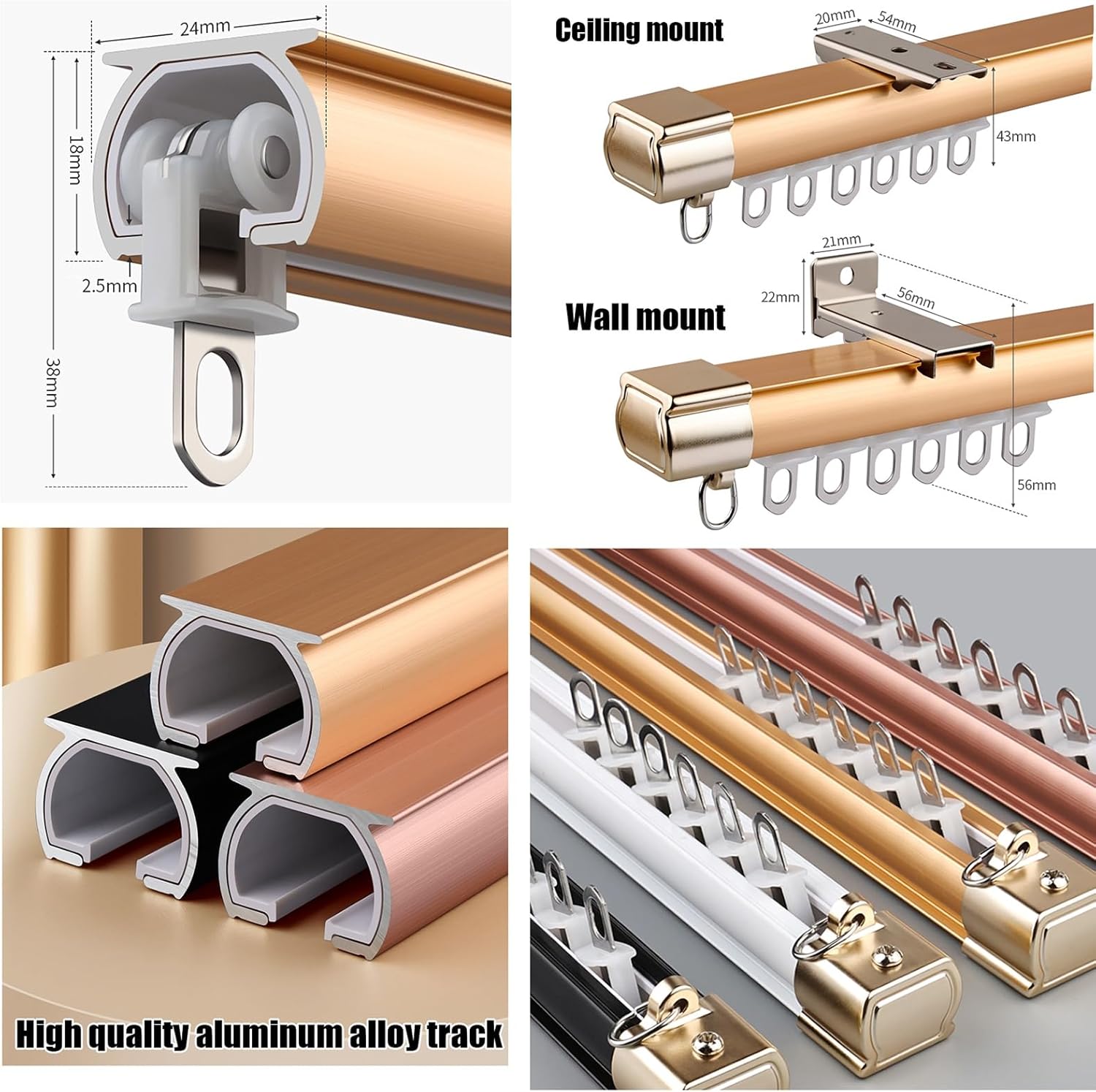 Heavy-Duty Room Divider Curtain Track Set - 1.6m Aluminium Rails for Stylish Living Room & Bedroom, Ceiling or Wall Mount, Elegant Rose-Wall Design (2 x 80cm)