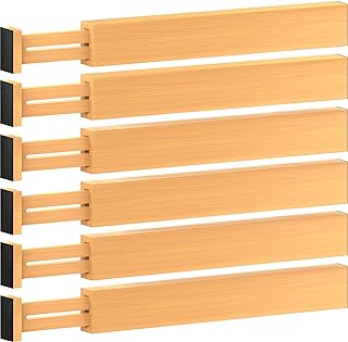 6 Pack Bamboo Drawer Dividers - 17" to 21.5" Expandable Adjustable Drawer Organizer for Kitchen Utensils, Large Kitchen Drawer Divider, Clothes, Dresser, Bedroom, Bathroom & Desk Drawer Separator Set