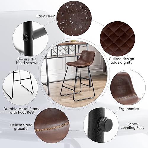 Miniatura 5 de Juego de 4 taburetes de bar industriales de piel sintética, sillas de comedor urbanas sin brazos con patas de metal, modernos taburetes de bar de