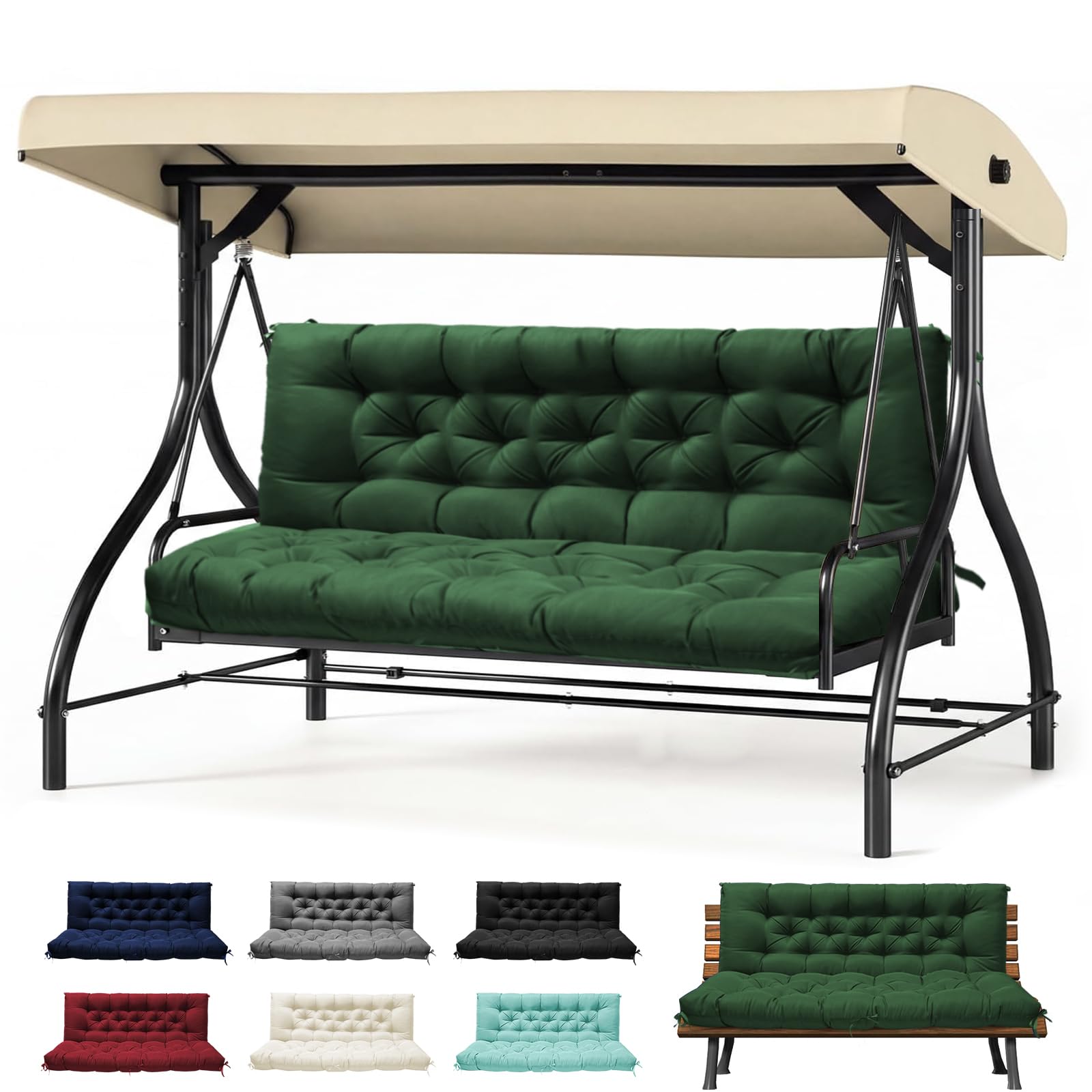 Photo 1 of PITCTCHIC Porch Swing Cushions, Outdoor Swing Cushion for Patio Furniture, 2-3 Seater Replacement Cushion with Ties, Green