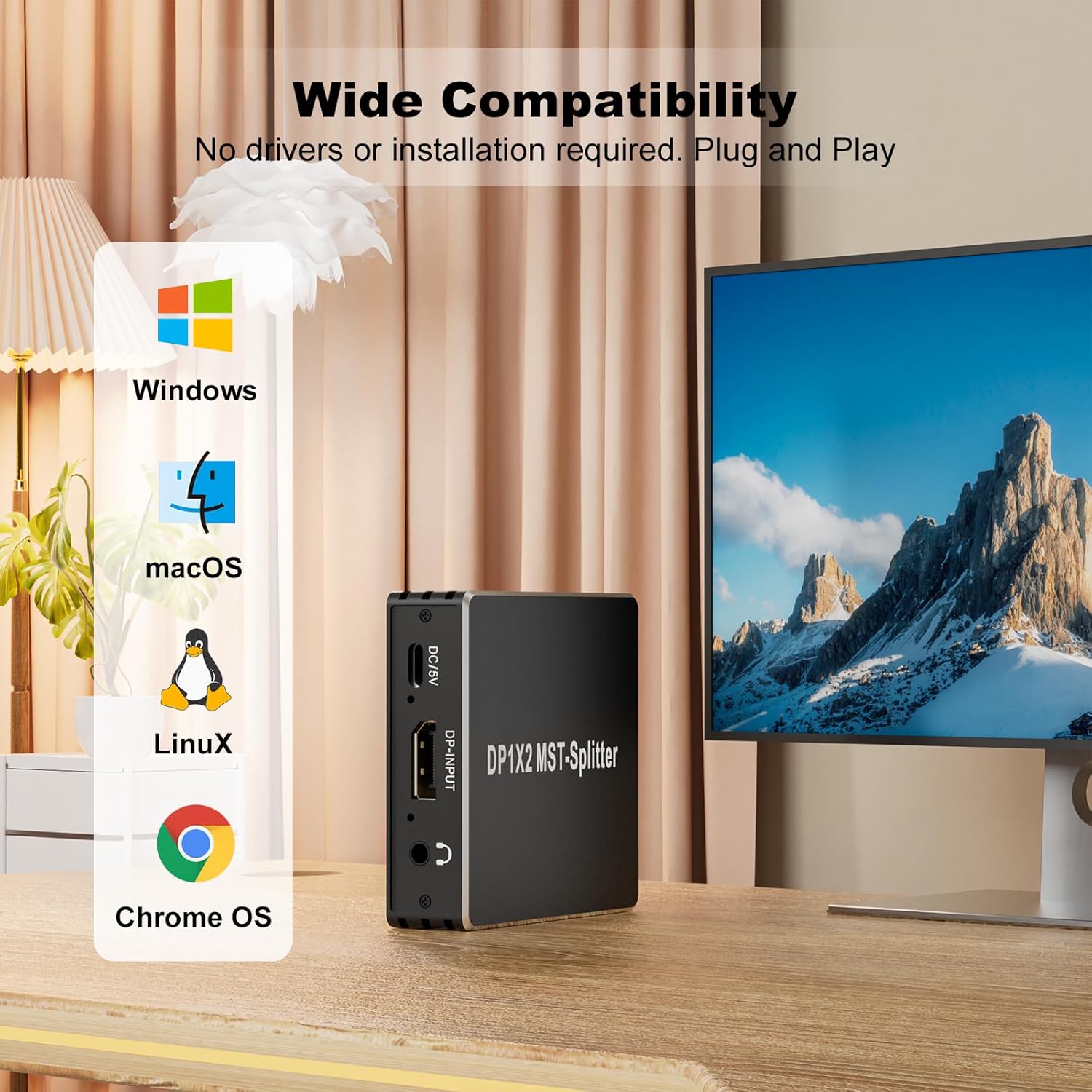 An image showing the TaiLaiEra DP102-HD splitter next to a monitor, with icons for Windows, macOS, Linux, and Chrome OS, indicating broad operating system compatibility.