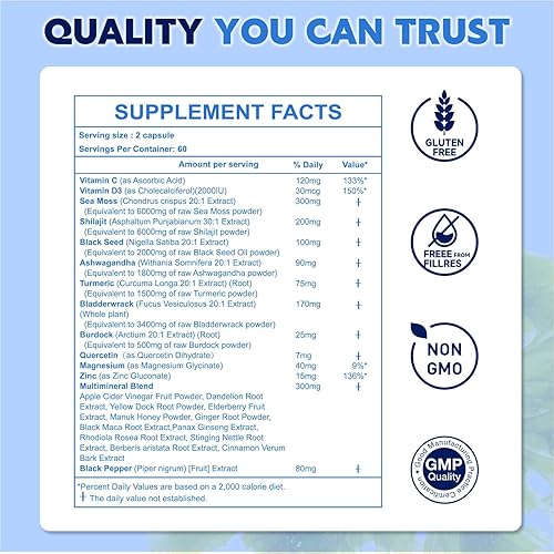 Miniatura 7 de 25 en 1 Aceite de semilla negra de musgo marino Ashwagandha Ginger Shilajit, suplemento con raíz de bardana, Rhodiola Rosea, vitaminas C y D3,