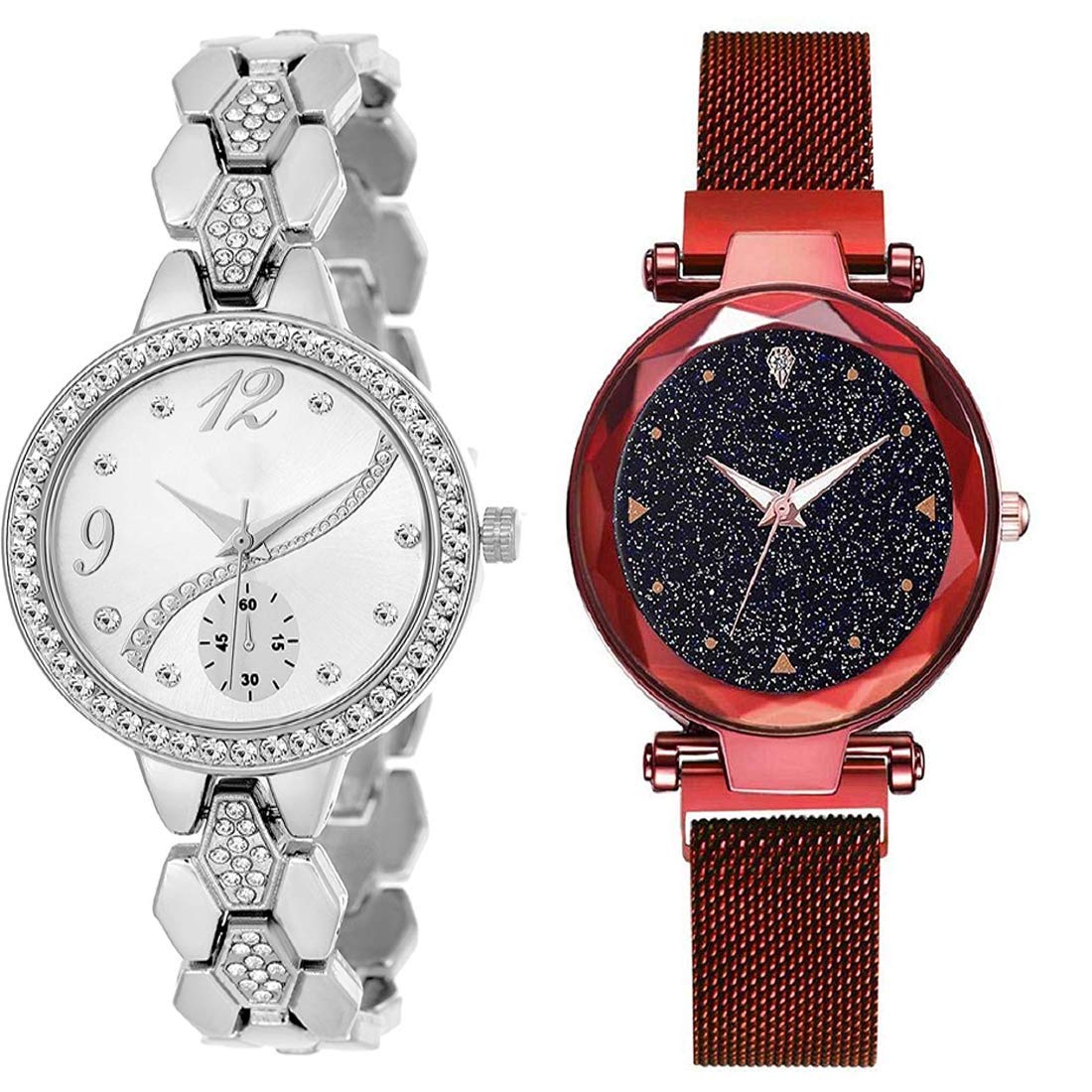 crispy Red Women Watch Waterproof Magnet Stainless Steel Strap & White Stone Studded Belt White Dial Watch (B084D9JBTQ) Amazon Price History, Amazon Price Tracker
