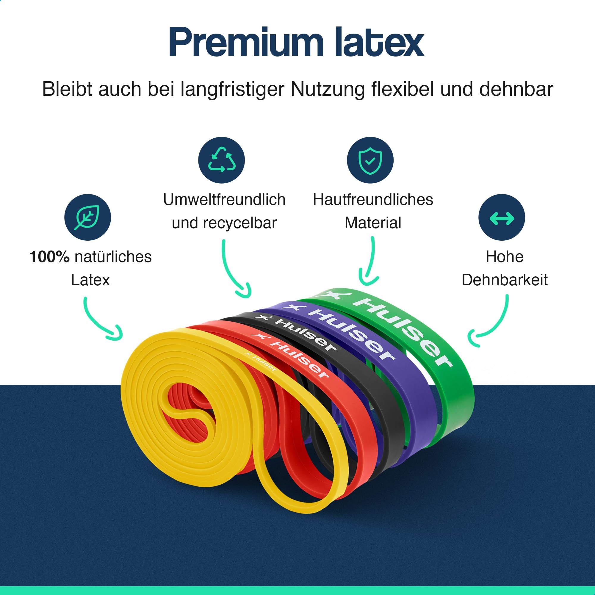 Hulser Widerstandsband Set 6-teilig mit Türanker - 2 bis 55 kg - 104/208 cm - Für Pull Up, Krafttraining, Stretching, Crossfit, Calisthenics - Fitness Resistance Bands aus Natur-Latex