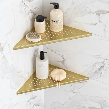 Qeke Corner Shower Shelves, 10 Recessed Tile Shower Shelf Brushed Golden, 304 Stainless Steel Grout in Corner Tile Shower Shelves, No Drilling, 2 Pack