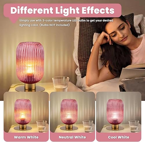 Miniatura 3 de Juego de 2 lámparas de mesa pequeñas, lámpara de escritorio de cristal de mediados de siglo, lámpara de mesita de noche retro con base de metal