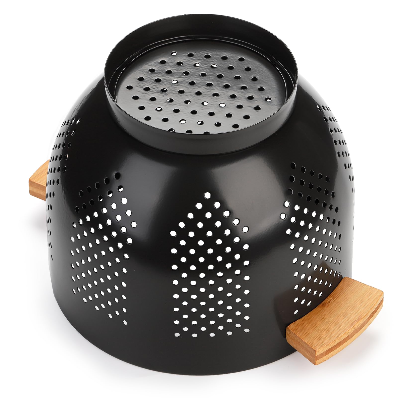 Colador de metal grande con mango de madera, colador negro profundo para pasta, frutas, drenaje de cocina, almacenamiento 5