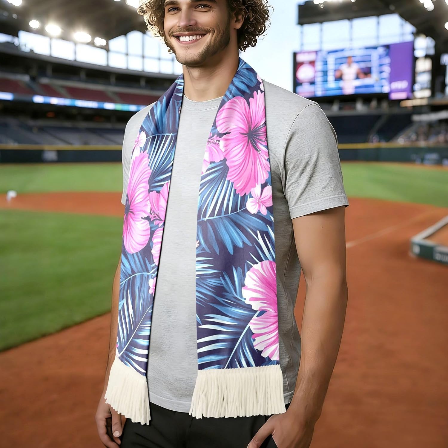 CHIFIGNO Pink Blue Tropical Flowers Sports Fan Scarf for Cheering, Soft Polyester Sweat Towel Wrap with Fringe Ends, Quick Dry Soccer Scarf