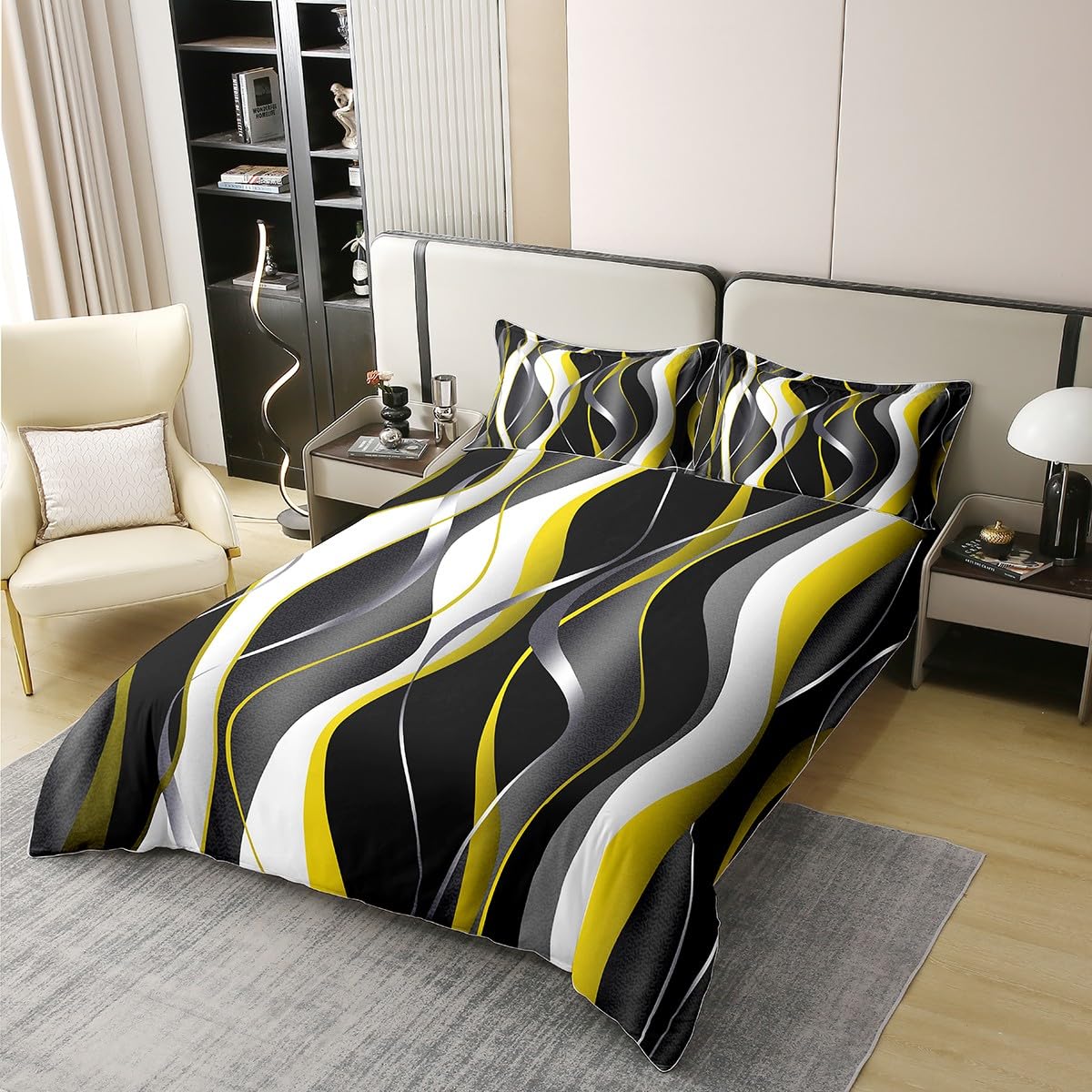Geometric 100% Cotton Duvet Cover Single Size 1 Panel White Yellow Black Grey Lines Bedding Cotton Duvet Cover Set Modern Abstract Art Bedding Set - Image 3