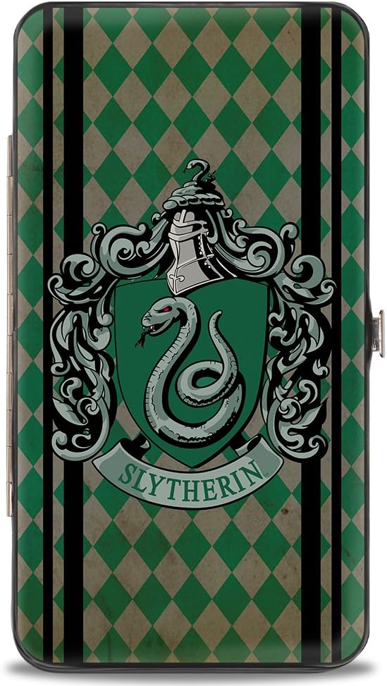 Buckle-Down Women's Hinge-Slytherin Crest Stripes/Diamonds Greens/Black Wallet