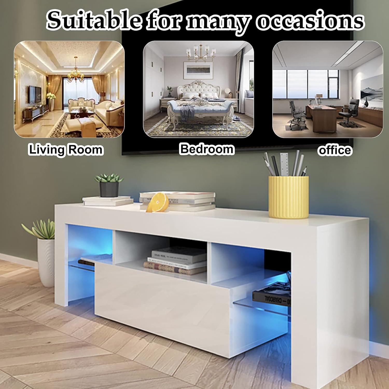 Modern TV Stand with LED Lights for TVs up to 60 Inches, Glossy LED TV Entertainment Stand with Storage, Entertainment Center Media Console for Media Player, TV Media Furniture,White