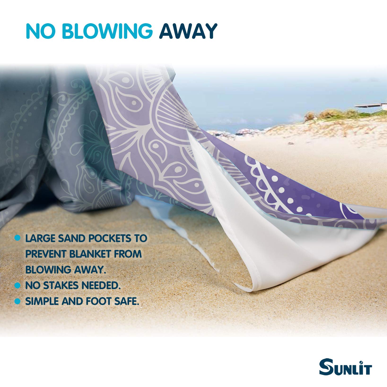 Sunlit Silky Soft 106"x81" Boho Sand Proof Beach Blanket Sand Proof Mat with Corner Pockets and Mesh Bag for Beach Party Travel - Image 4