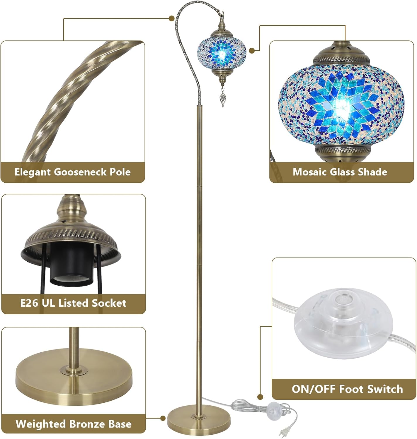 LAMSU Turkish Moroccan Floor Lamp, Tiffany Lamp with Handmade Mosaic Glass Shade, Bronze Base, Swan Neck Tall Standing Lamps for Living Room Bedroom Corner Light Home Decor, Blue