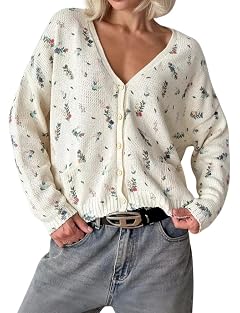 chouyatou Womens Cute Ditsy Floral Embroidered Cardigan Sweater V-Neck Button Down Knit Jacket Tops